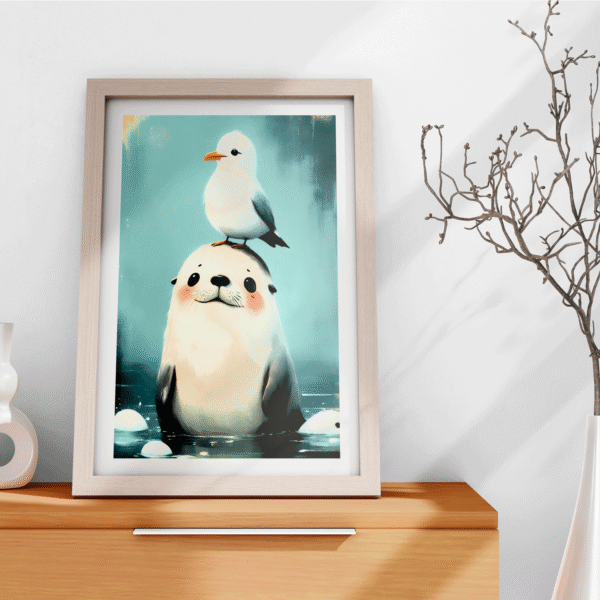 A baby seal and a baby seagull - by Vromore.Com